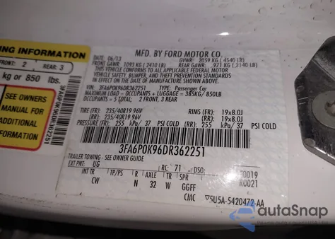 2013 Ford Fusion Titanium из США, поврежденный, VIN 3FA6P0K96DR362251